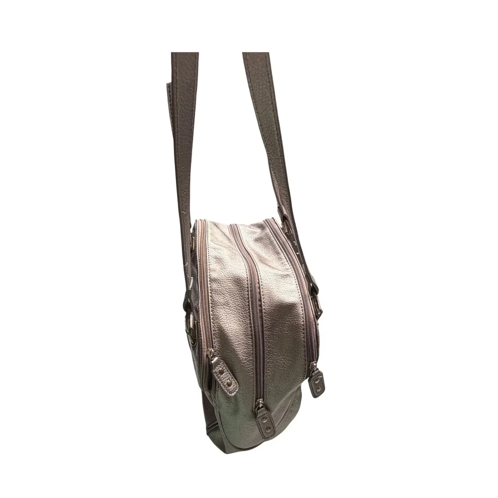 Nicole‎ Miller Pewter Metallic Faux Leather Shoulder Bag Satchel Multi-Pocket